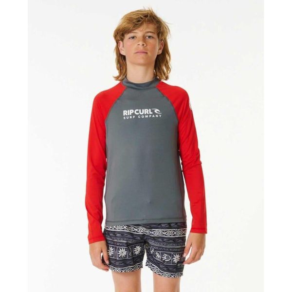 Rip Curl Shock UPF Long Sleeve Boys Rash Shirt Red